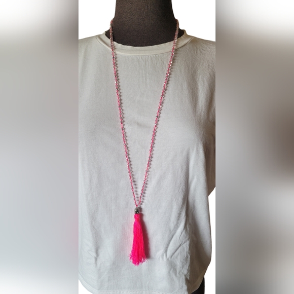 Hot Pink Buddha Tassel Beaded Necklace - Picture 2 of 14